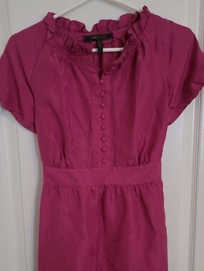 BCBGMAXAZRIA Silk Fuchsia Ruffle-Neck Women's Top